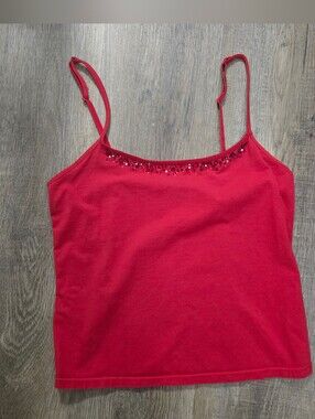 Vintage Victoria Secret Pink Tag Red Embelished Rhinestone Trim Cami Top -